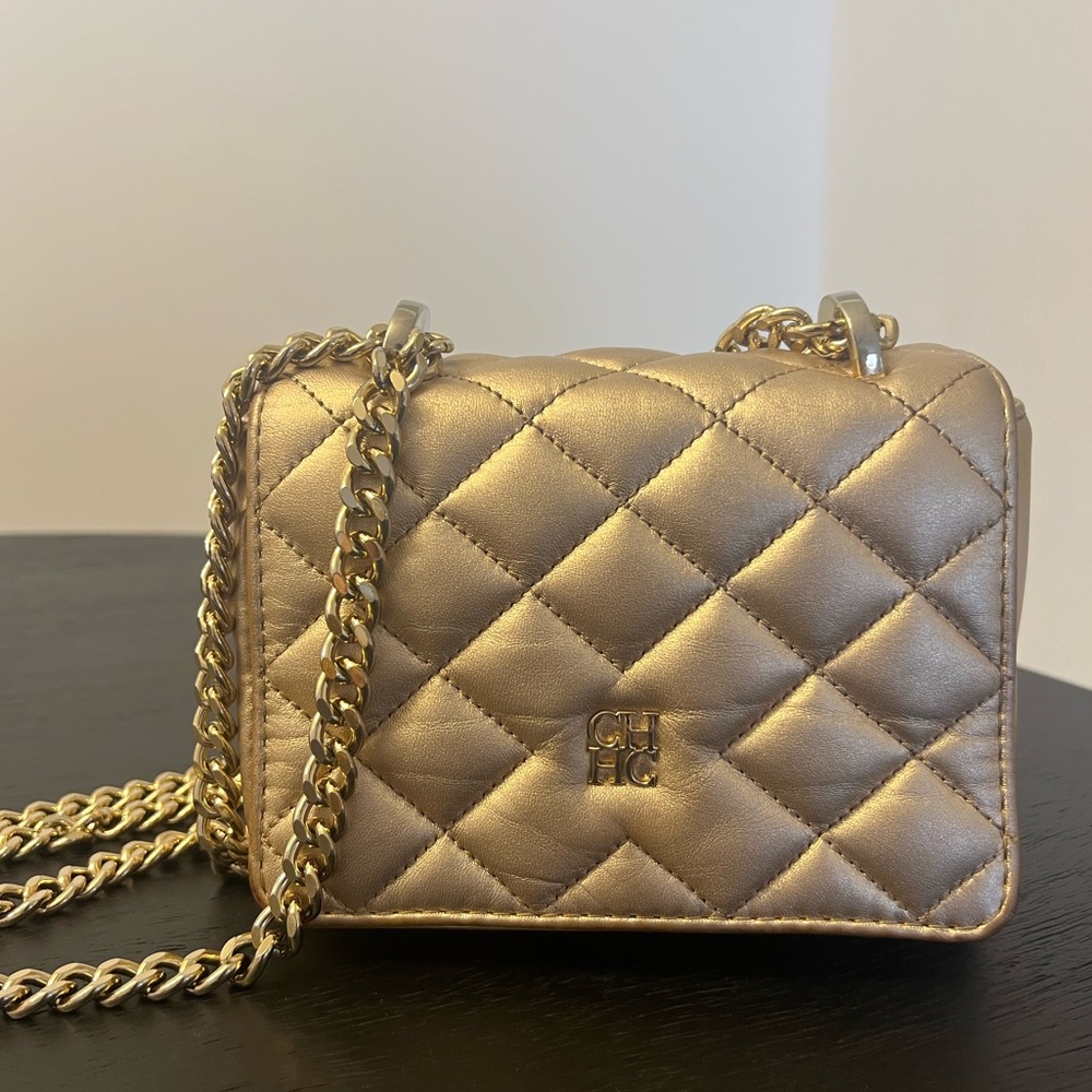 CH Carolina Herrera Metallic Gold Quilted Leather Chain Crossbody Bag